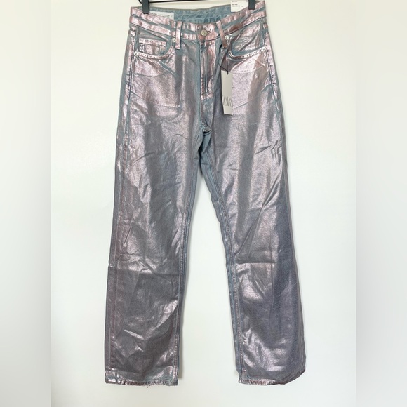 ZARA NEW MID-RISE FULL-LENGTH TRF JEANS FOIL FINISH PANT PINK 6045/036/334/010 - Picture 2 of 7